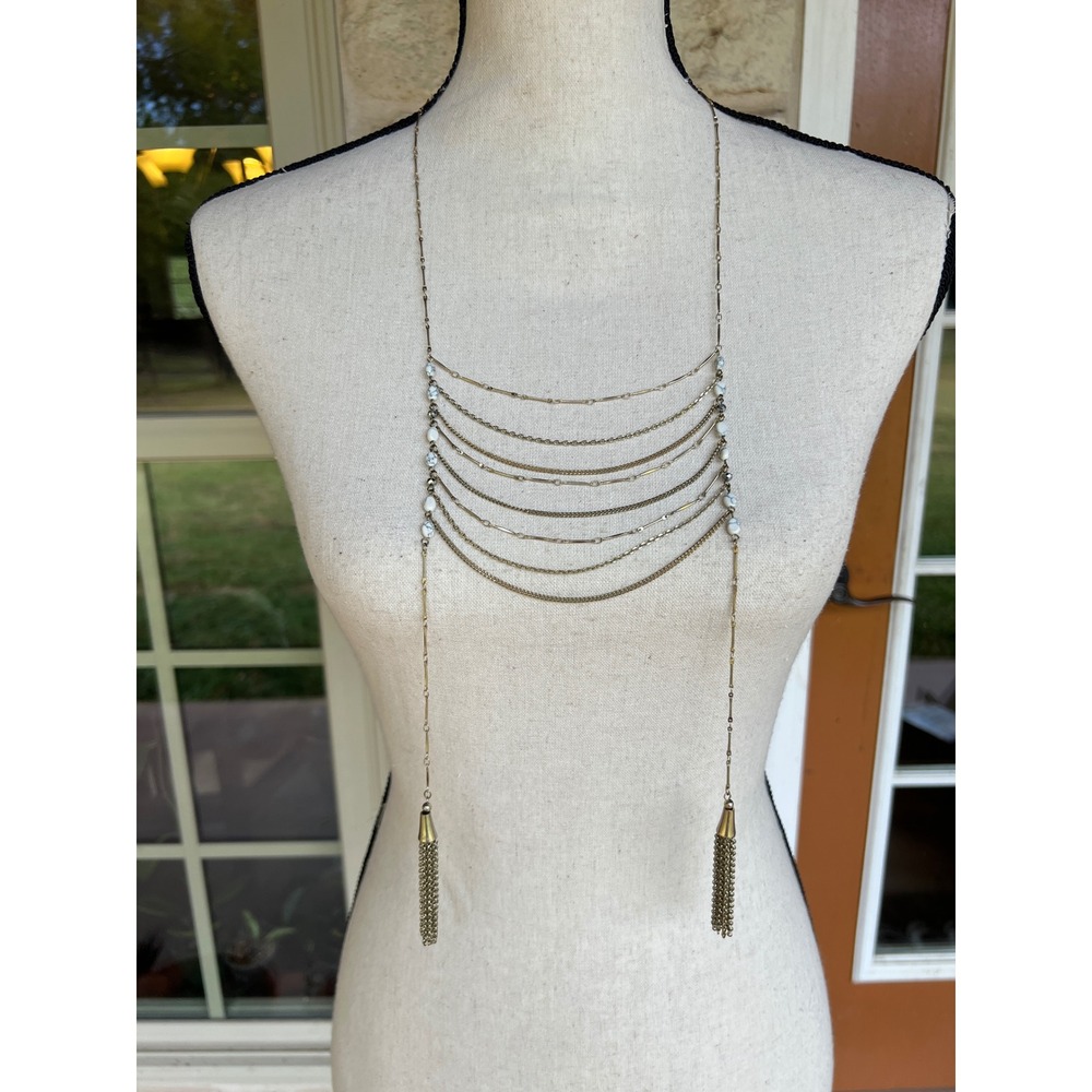 Lydell NYC Gold Tone Multi Strand Bib Necklace Tassel White Marble Bead Boho